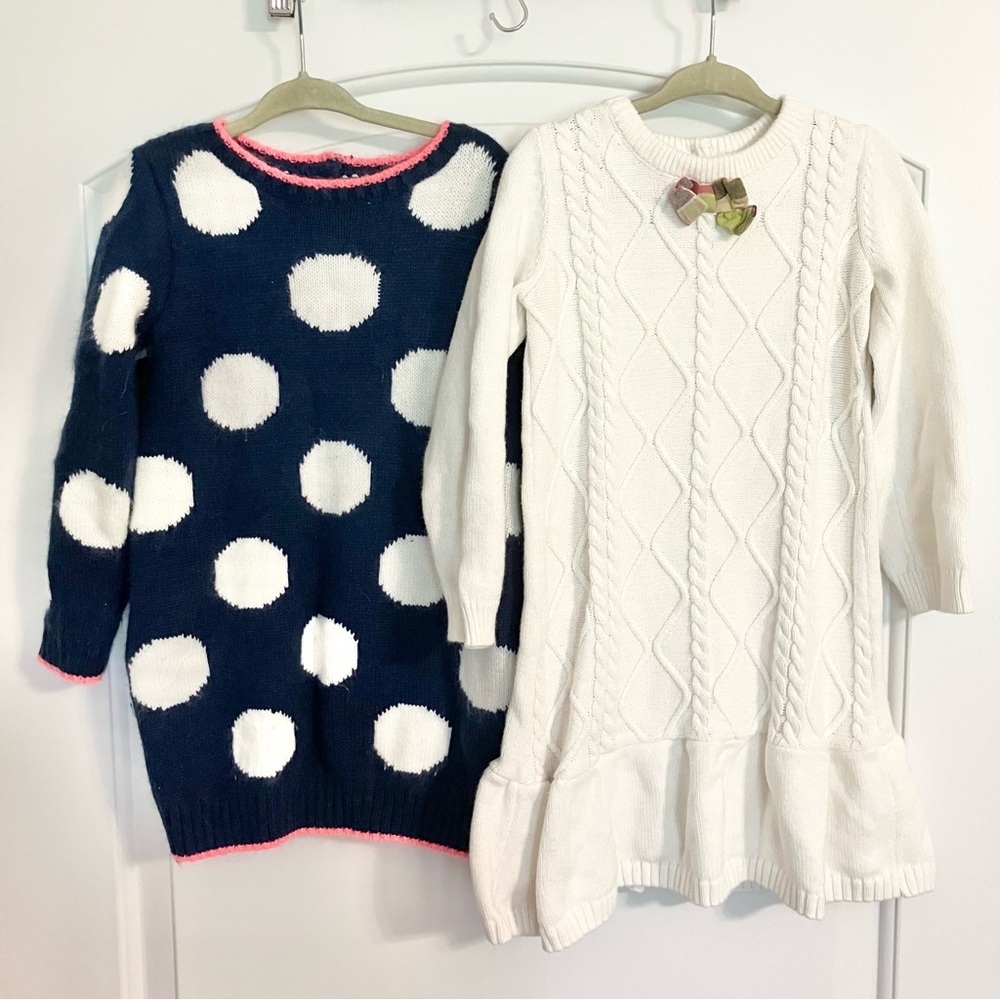 Gymboree Sweater Dress Bundle (2) Blue Polka Dot White Cable-Knit Girl’s Size 4T